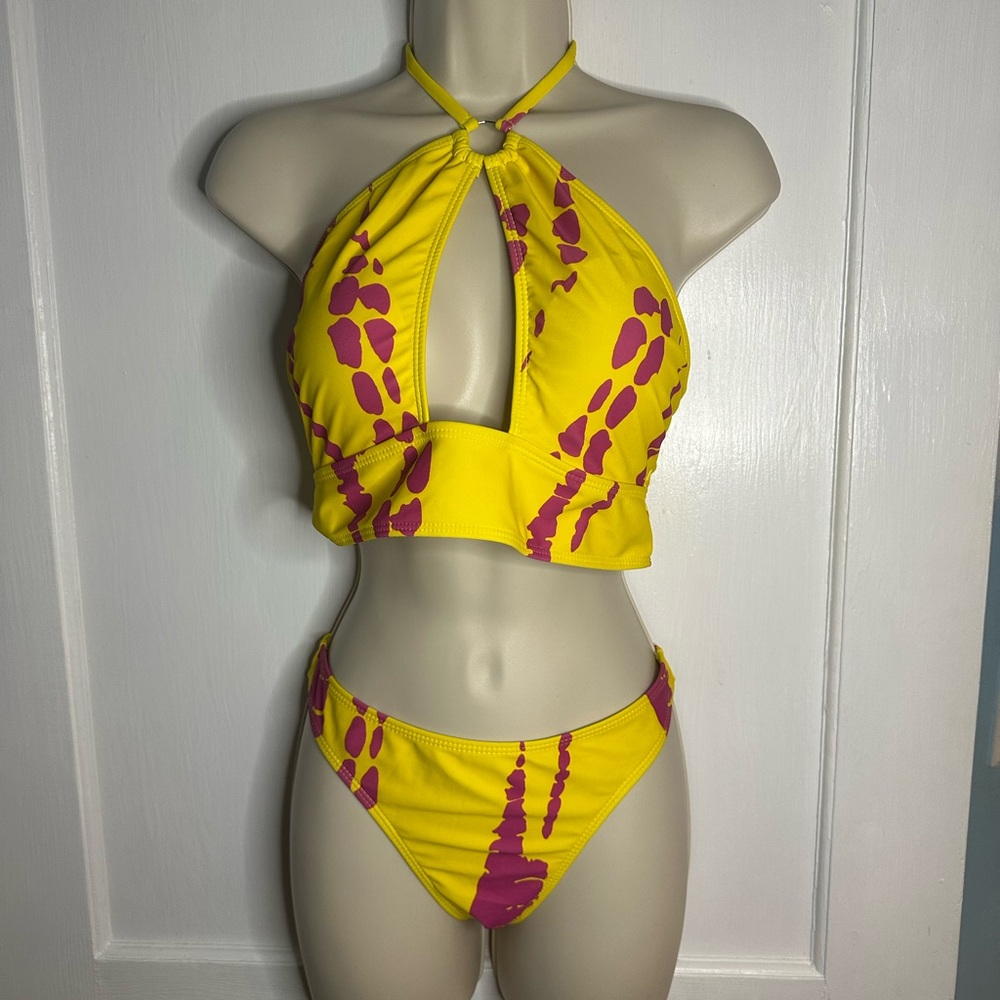 3 pc. SHEIN Pink &  Yellow Halter Bikini with Pink Accents w/cover up skirt 😍😍
